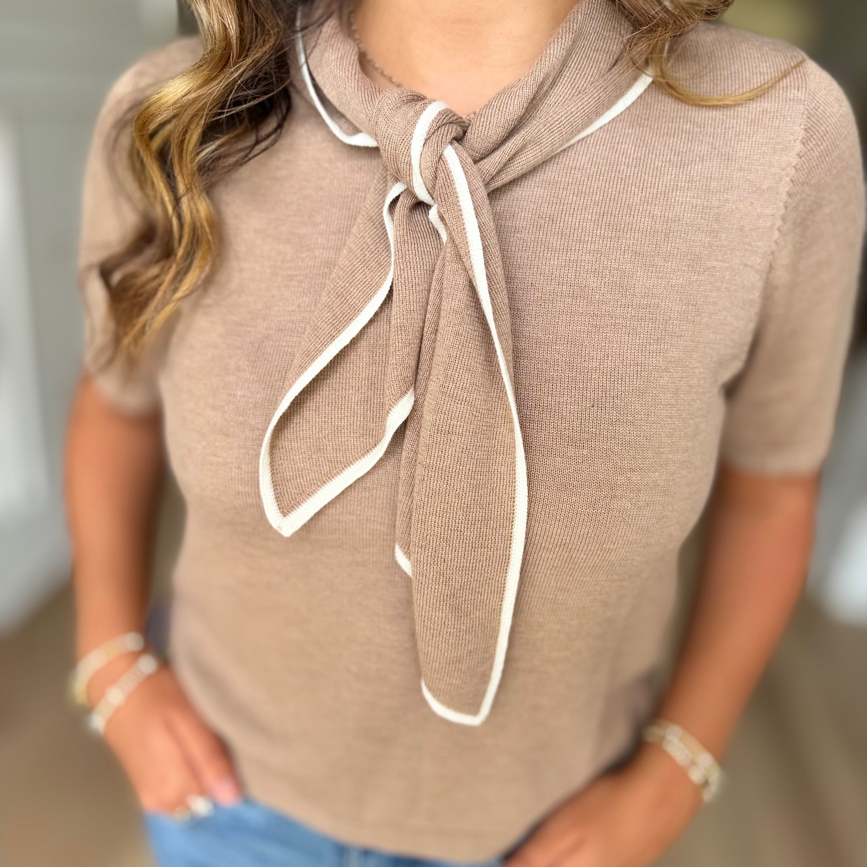 Contrast Tie Neck Knit Top