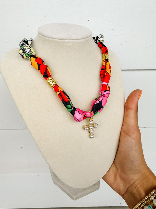 Scarf Necklace - Fuchsia Cross