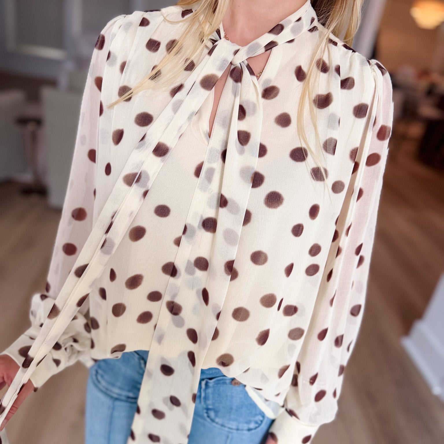 Polka Dot Tie Neck Blouse