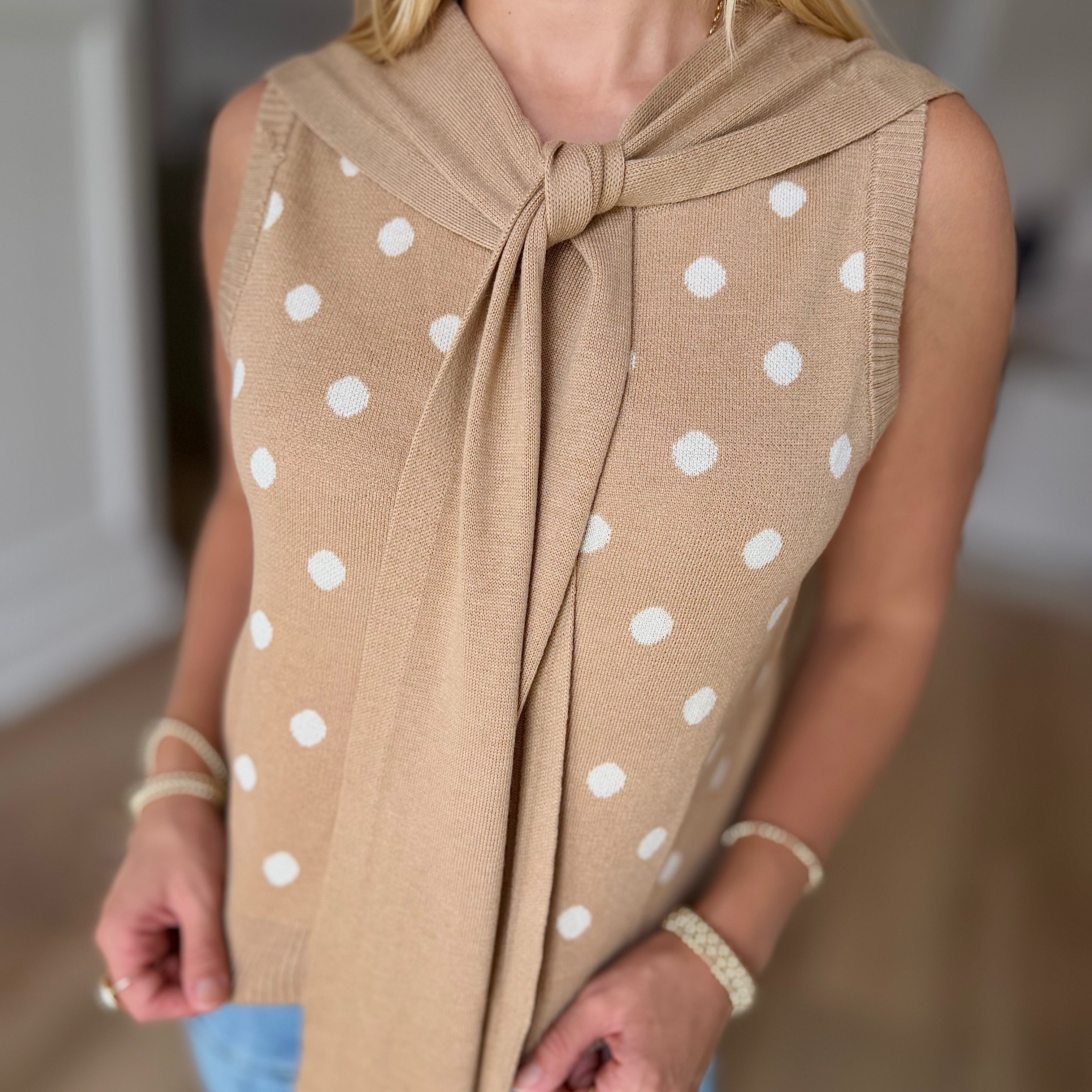 Polka Dot Tie Shoulder Sweater Knit Top