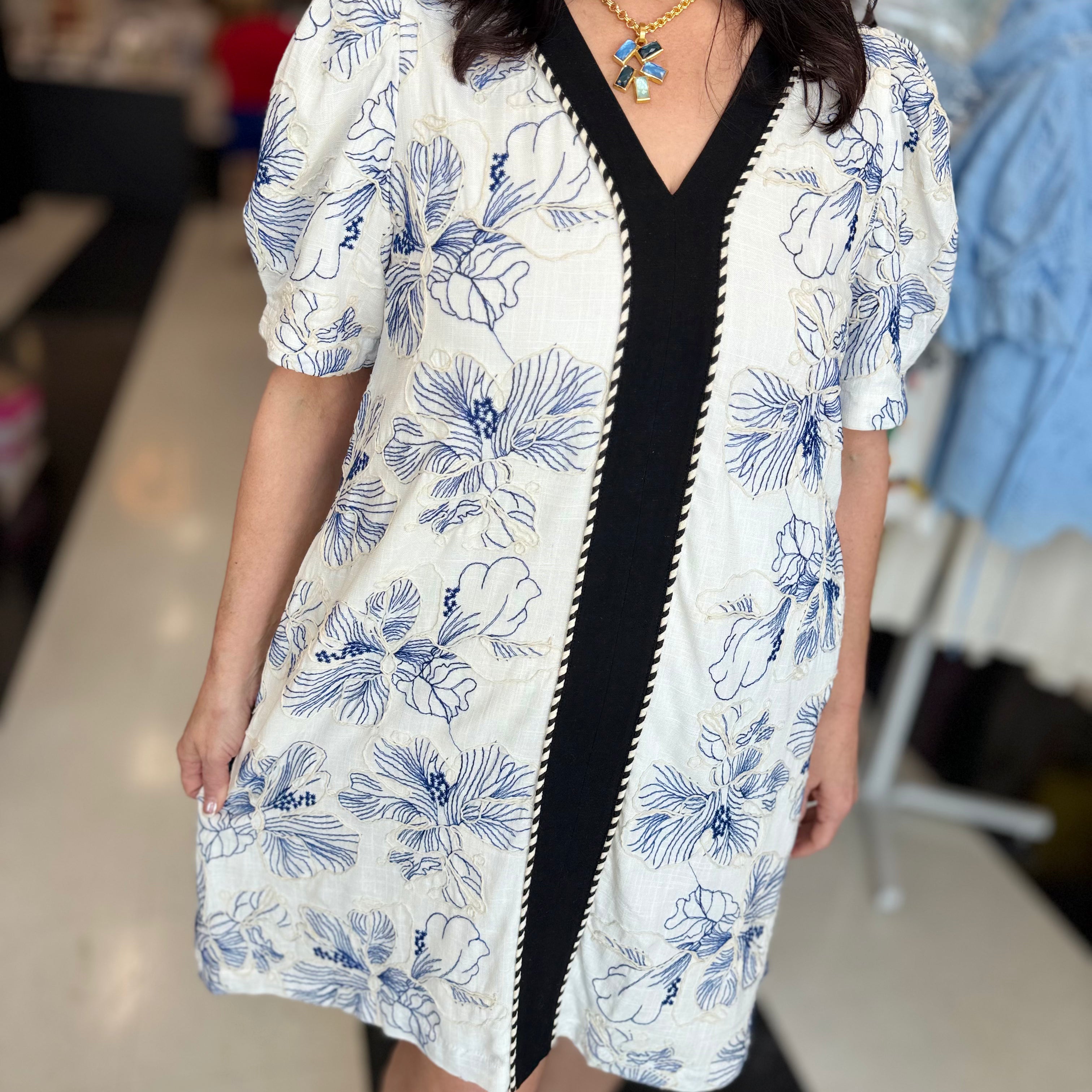 Tropical Floral Embroidered Shift Dress