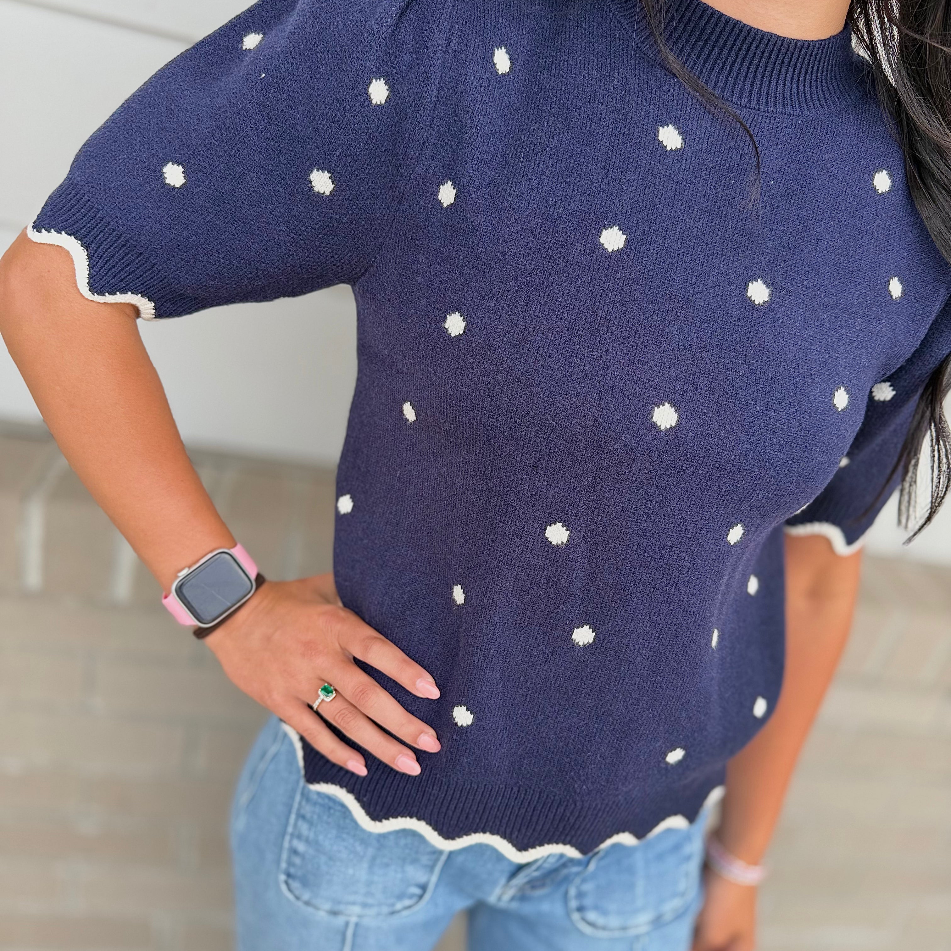 Scallop Charm Polka Dot Sweater Top