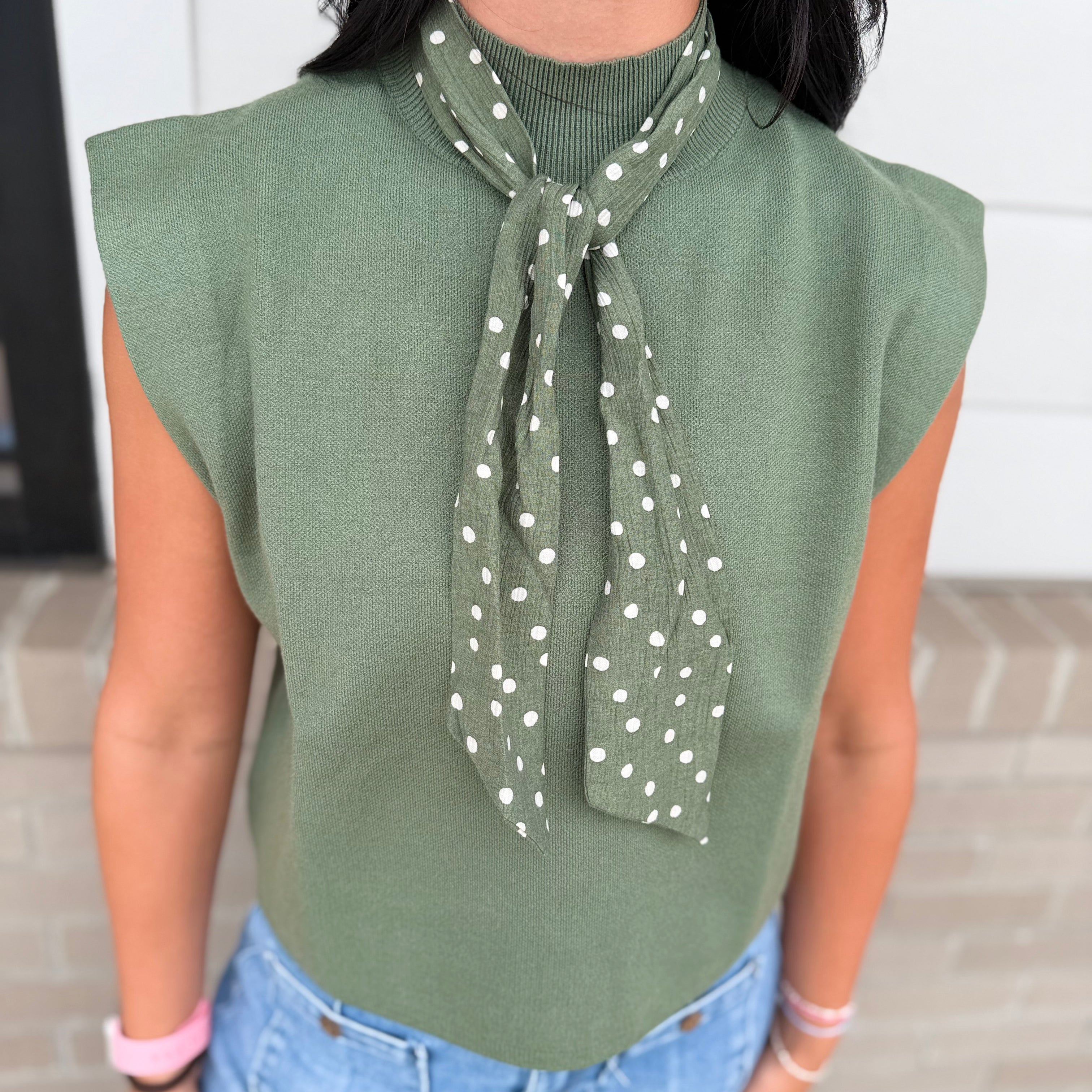 Mock Neck Top w/ Removable Polka Dot Scarf