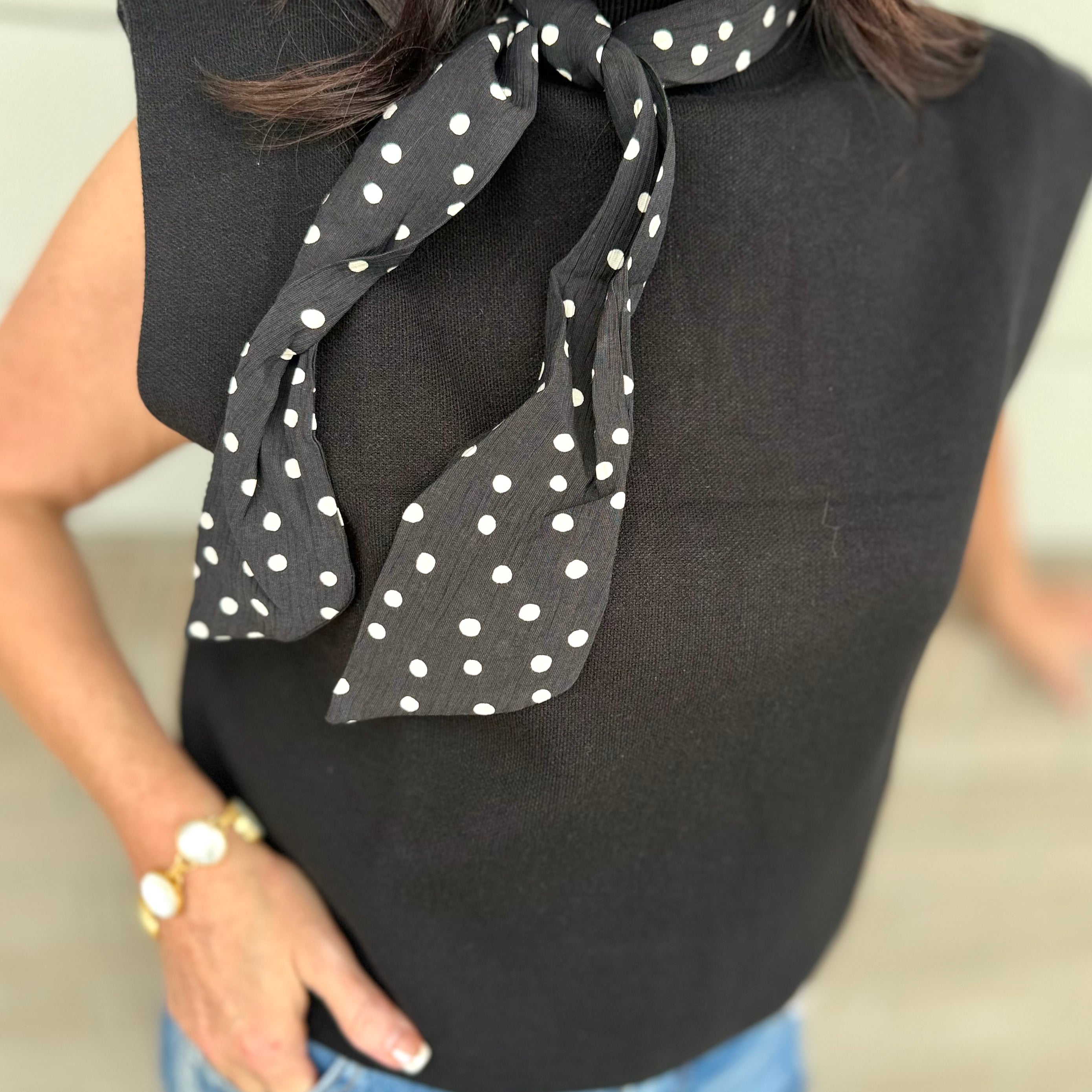 Mock Neck Top w/ Removable Polka Dot Scarf