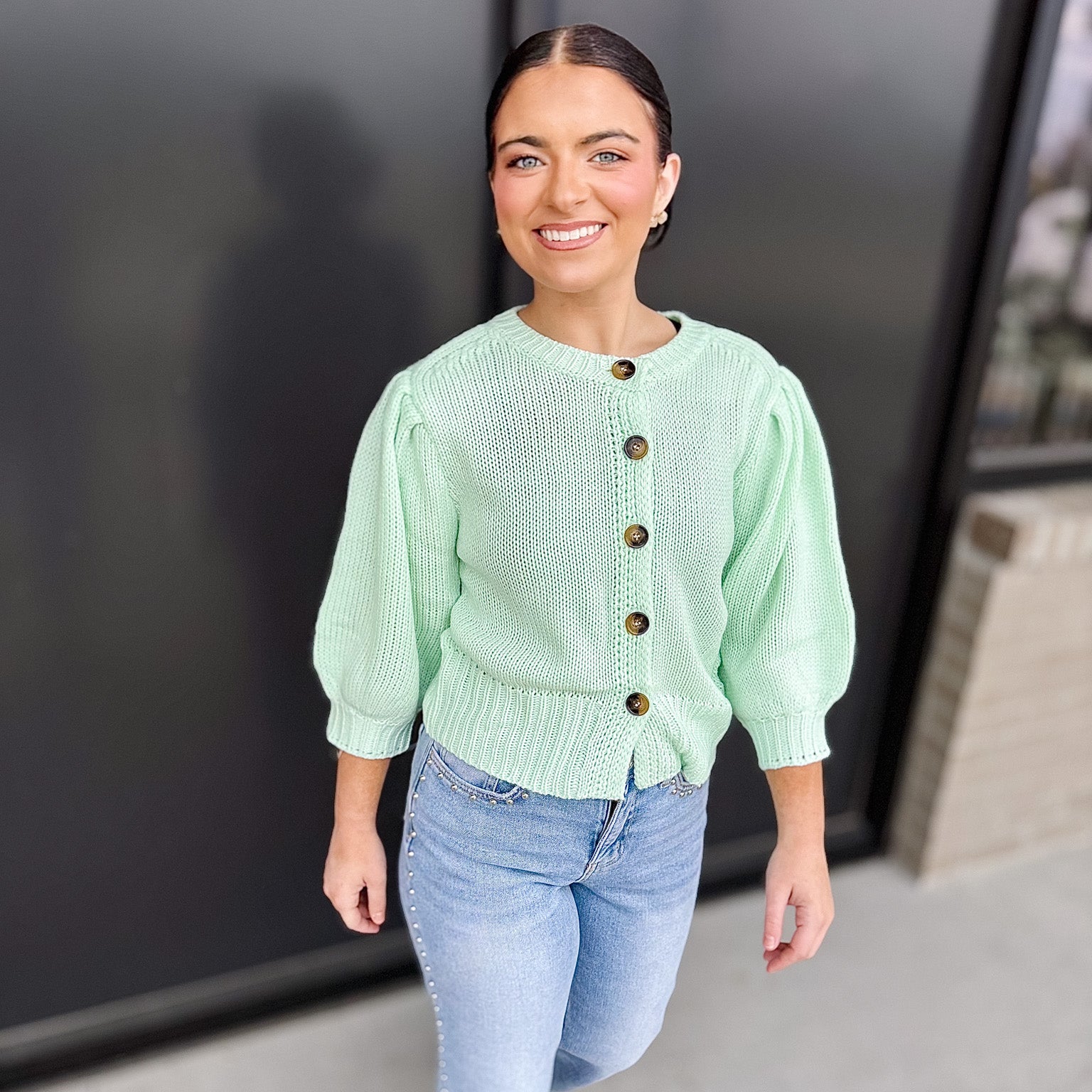 Short Puff Sleeve Button Down Sweater