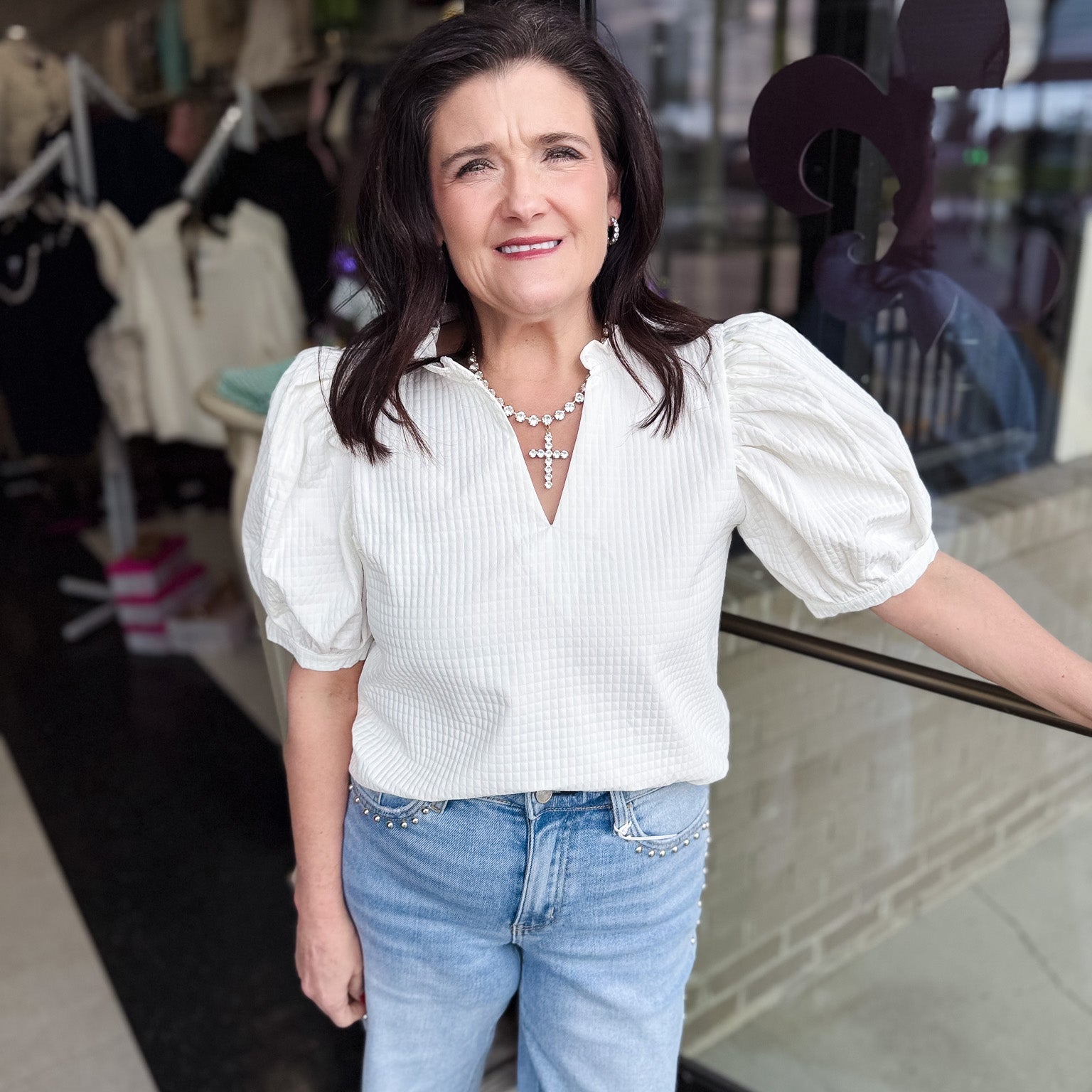 Ruffle V-Neck Puff Sleeve Top