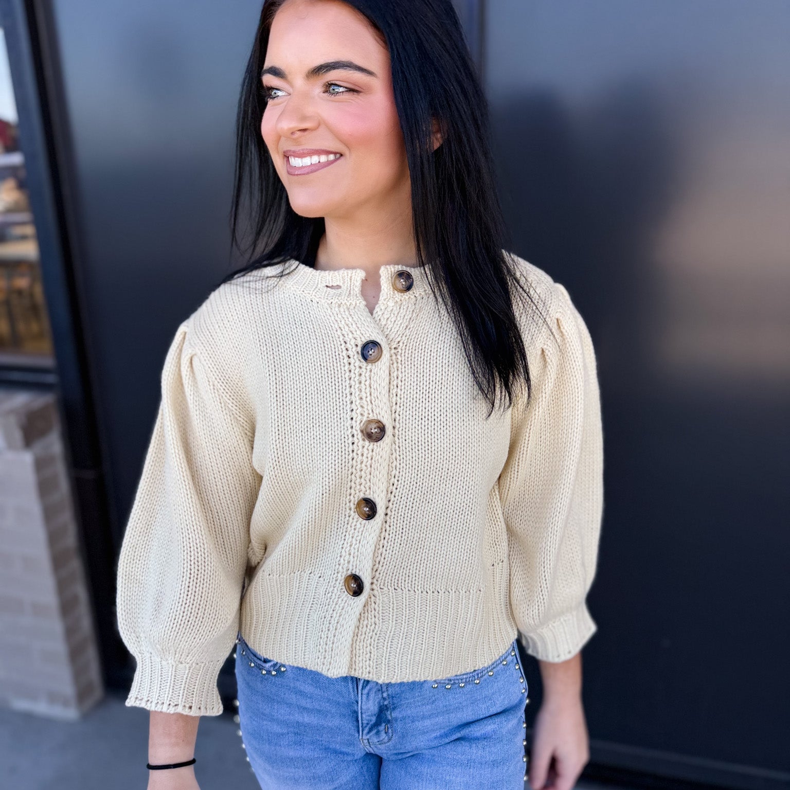 Short Puff Sleeve Button Down Sweater