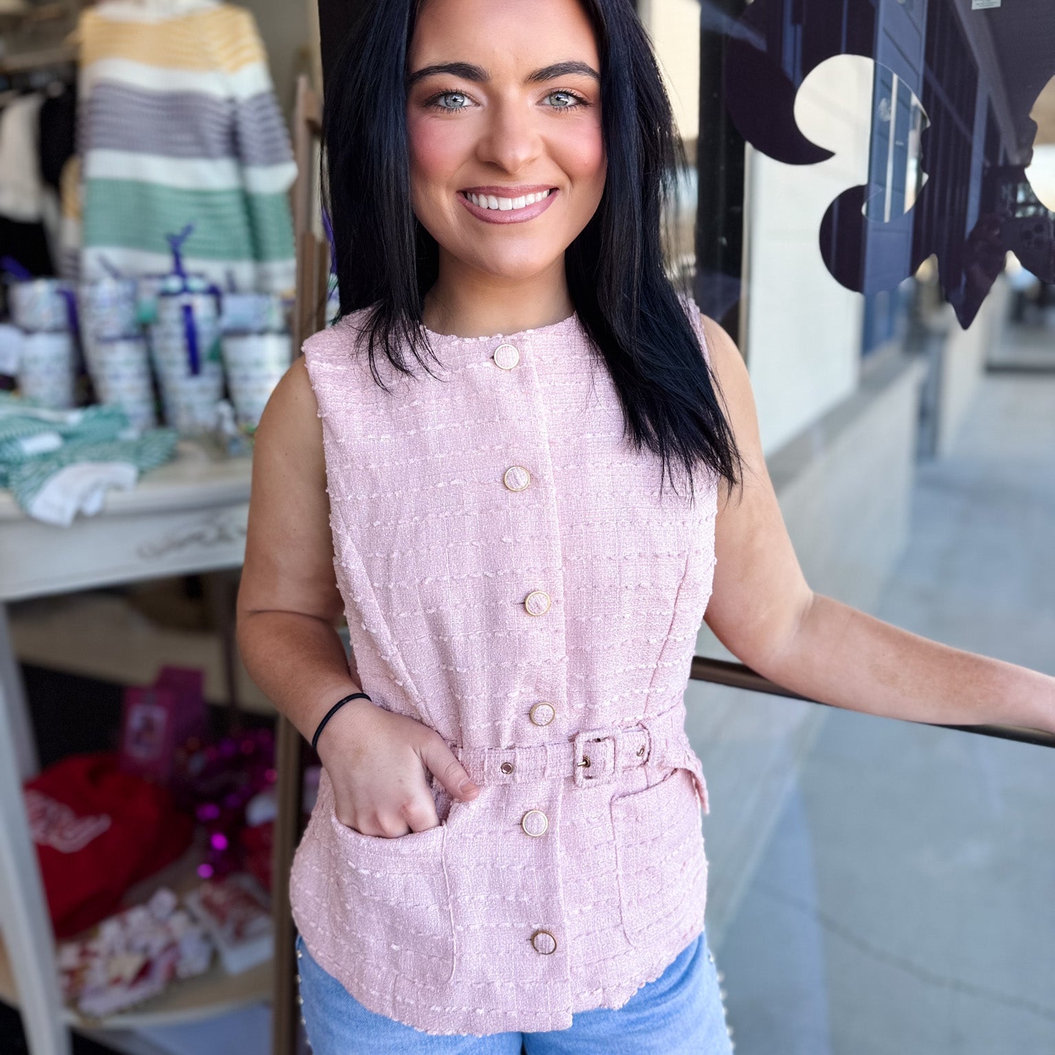 Pink Tweed Tie-Waist Top