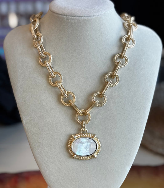 14K Gold-Plated Link Necklace w/ MOP Charm