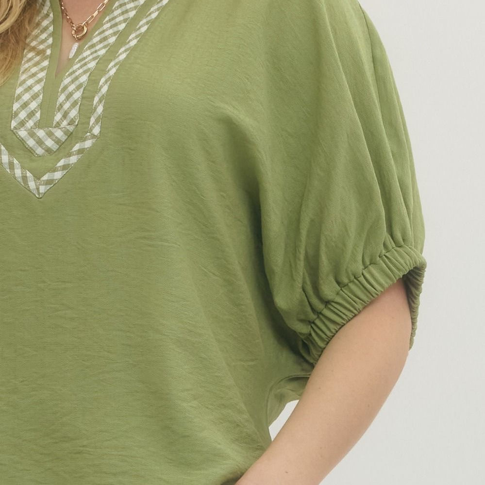 Plaid Trim V-Neck Dolman Top