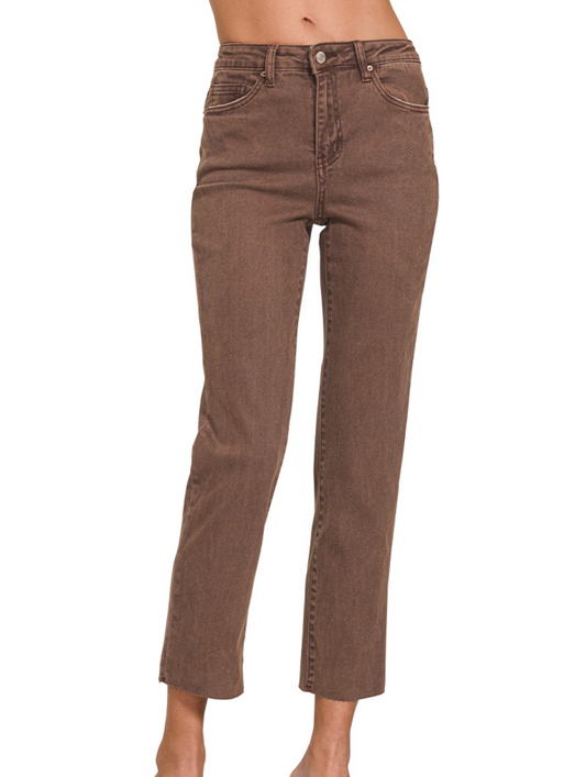 ACID WASHED HIGH WAIST CROPPED STRAIGHT PANTS