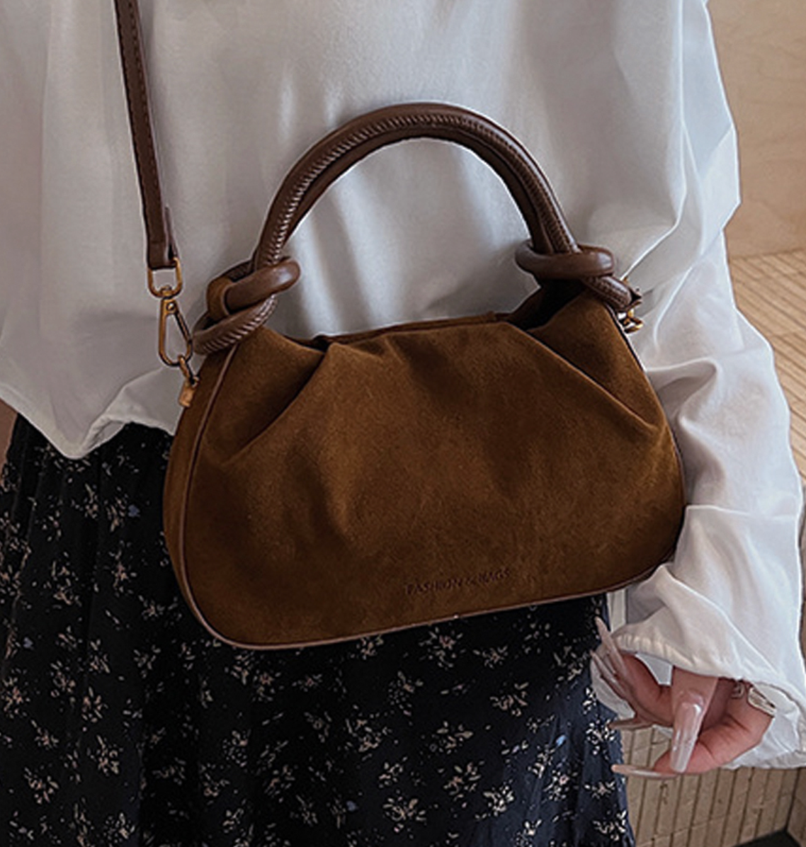 Rouched Faux Suede Tote Handbag