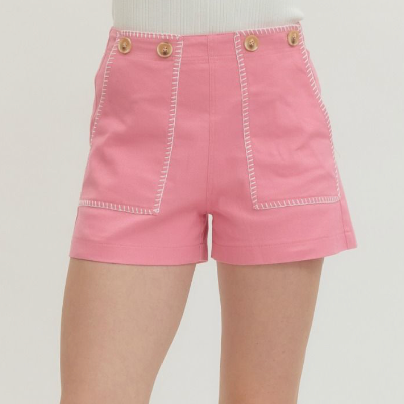 High-Waist Shorts with Contrast Stitch Detail