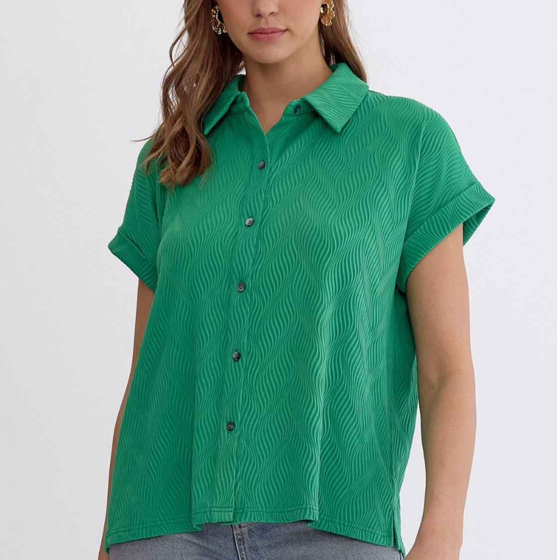 Textured Button-Down Collared Short Sleeve Top
