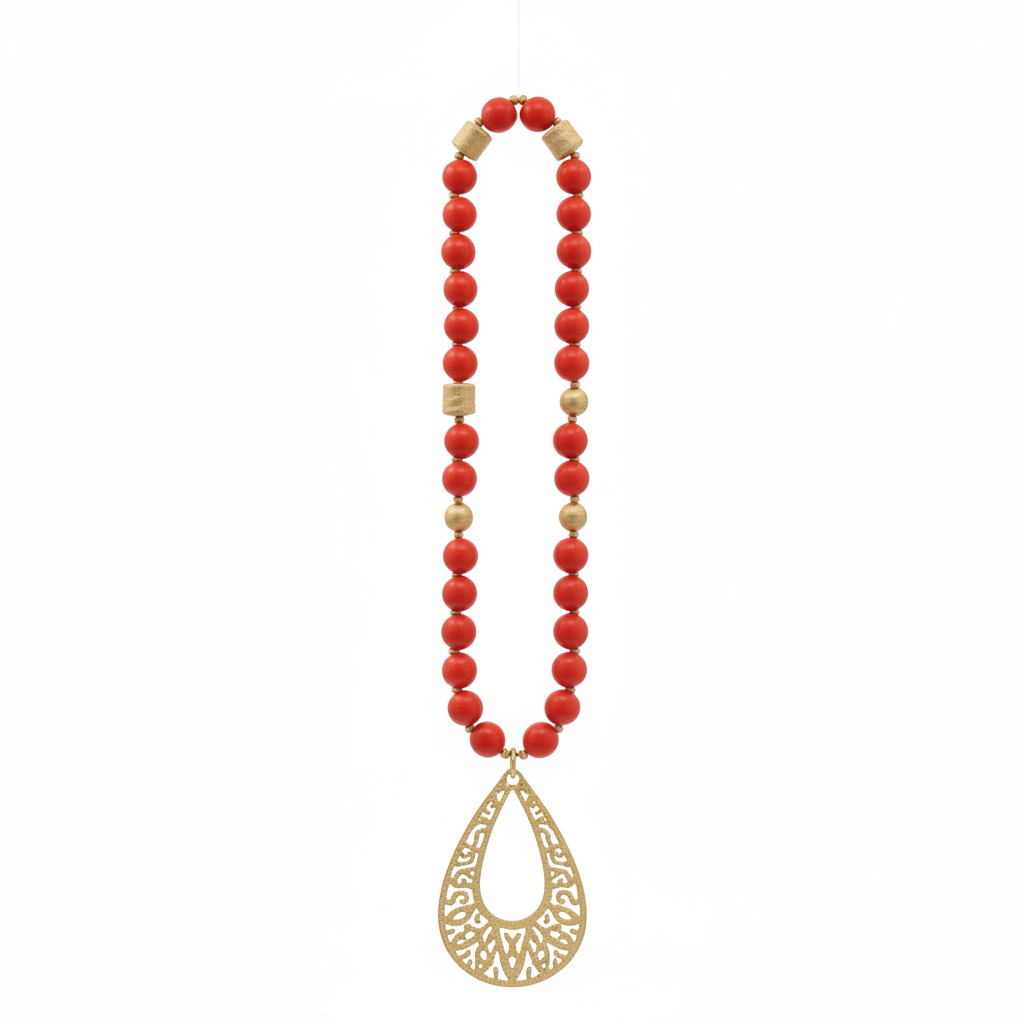 Cut Out Teardrop & Beaded Necklace - Red/Matte Gold on white background