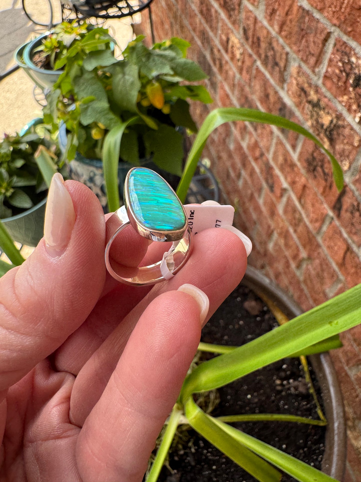 Sterling silver long oval lab opal ring