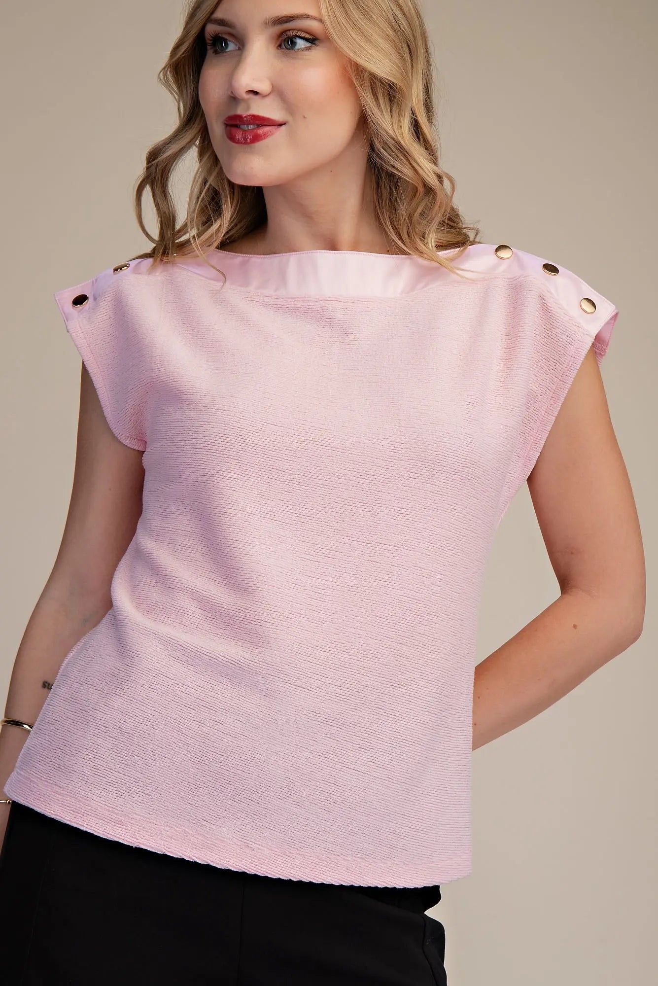 Bateau Neck Shoulder Button Detail Top