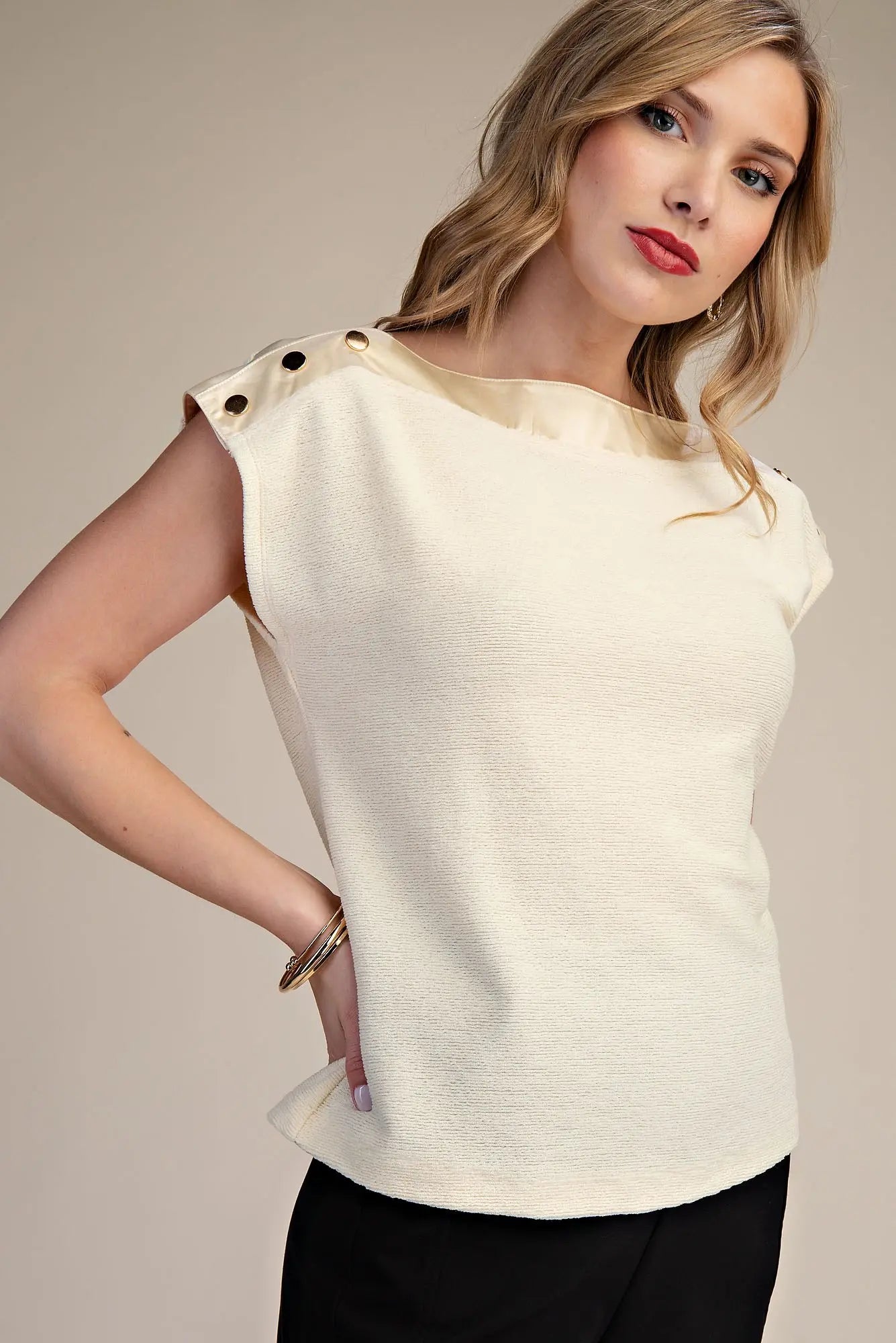Bateau Neck Shoulder Button Detail Top