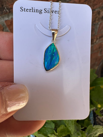 Asymmetrical lab opal pendant necklace