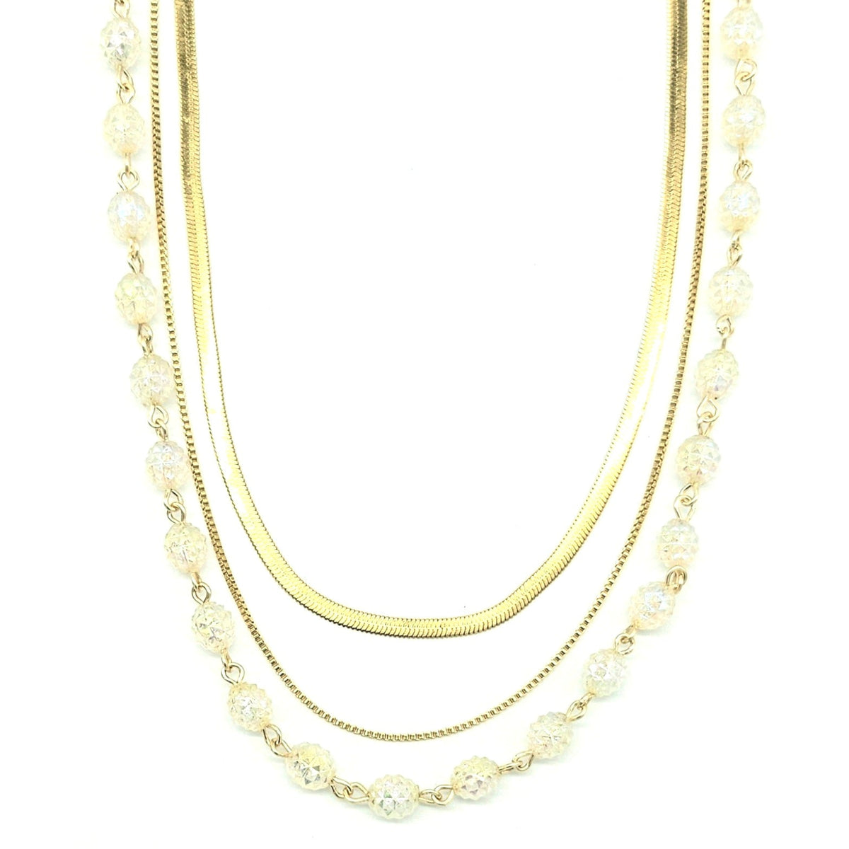 Three-strand necklace with gold chains and clear-colored beads on a white background