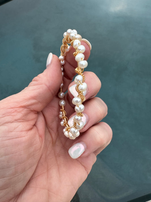 Twisty wire wrap pearl bangle