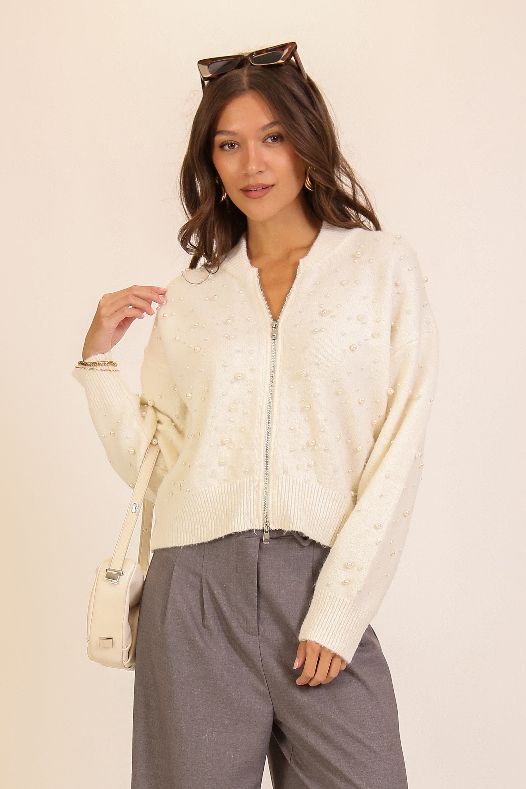 Luxe Pearl Zip-Up Cardigan