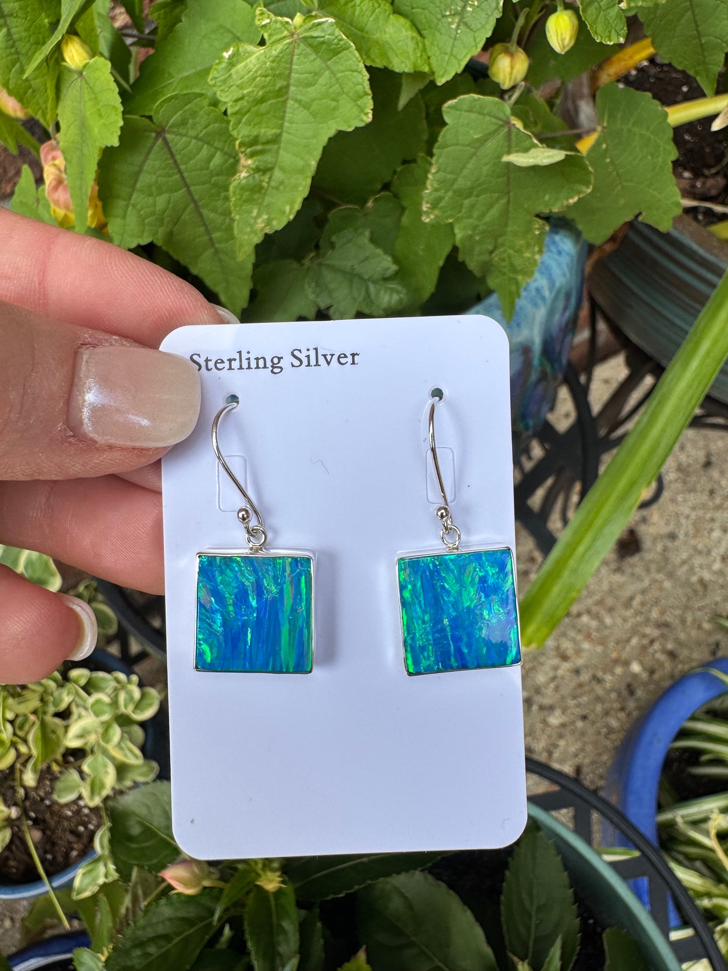 Square lab opal earrings