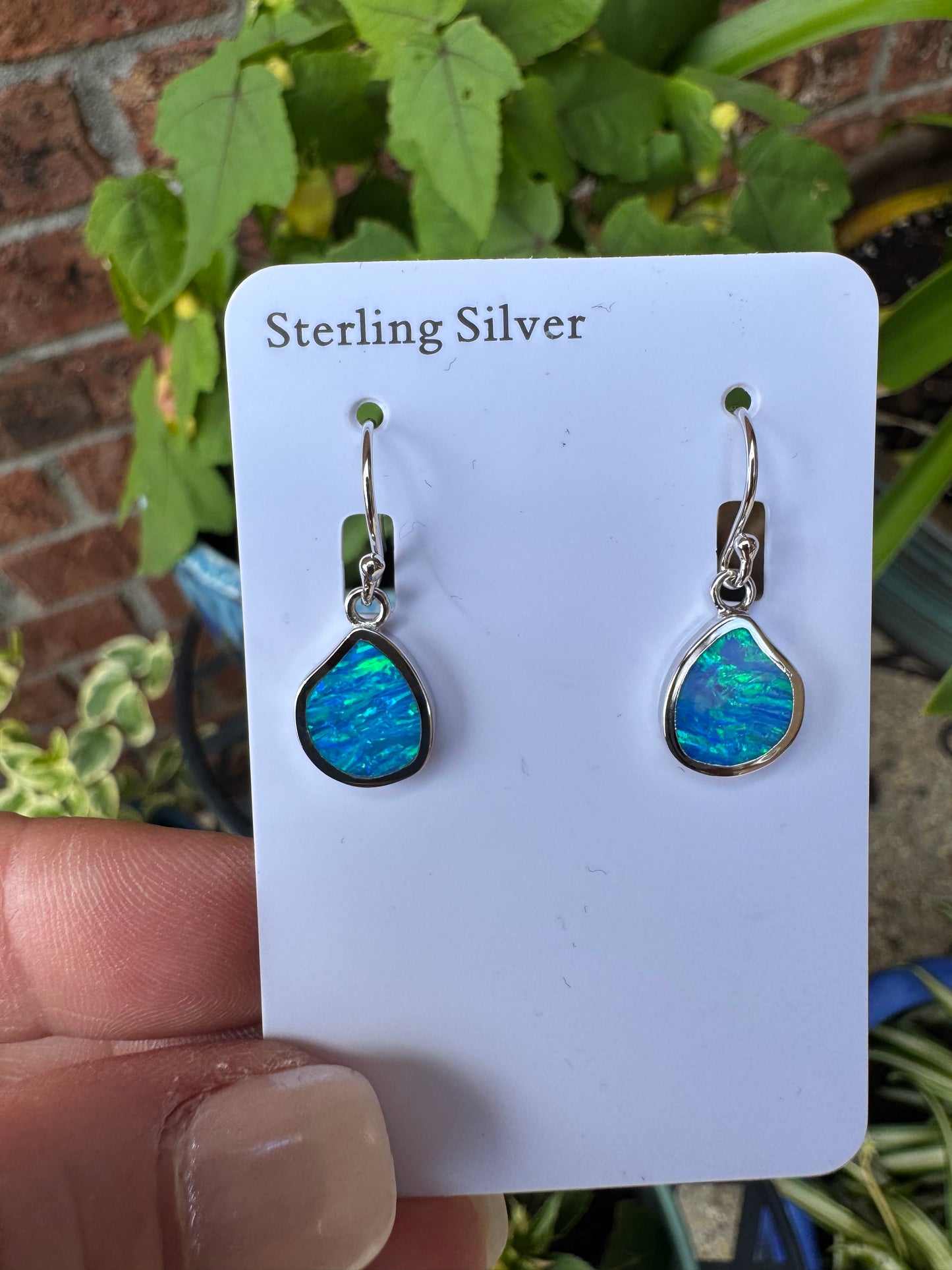 Asymmetrical teardrop lab opal earrings