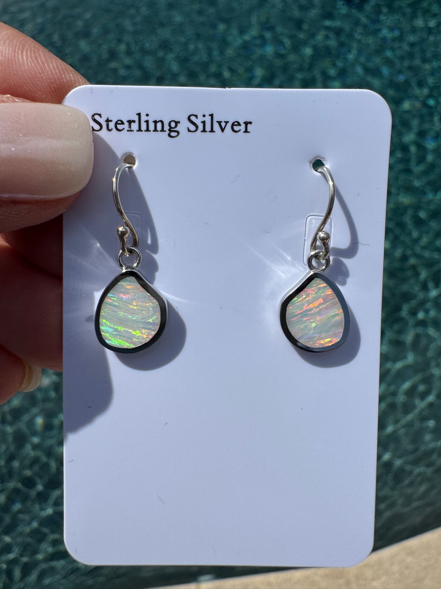 Asymmetrical teardrop lab opal earrings