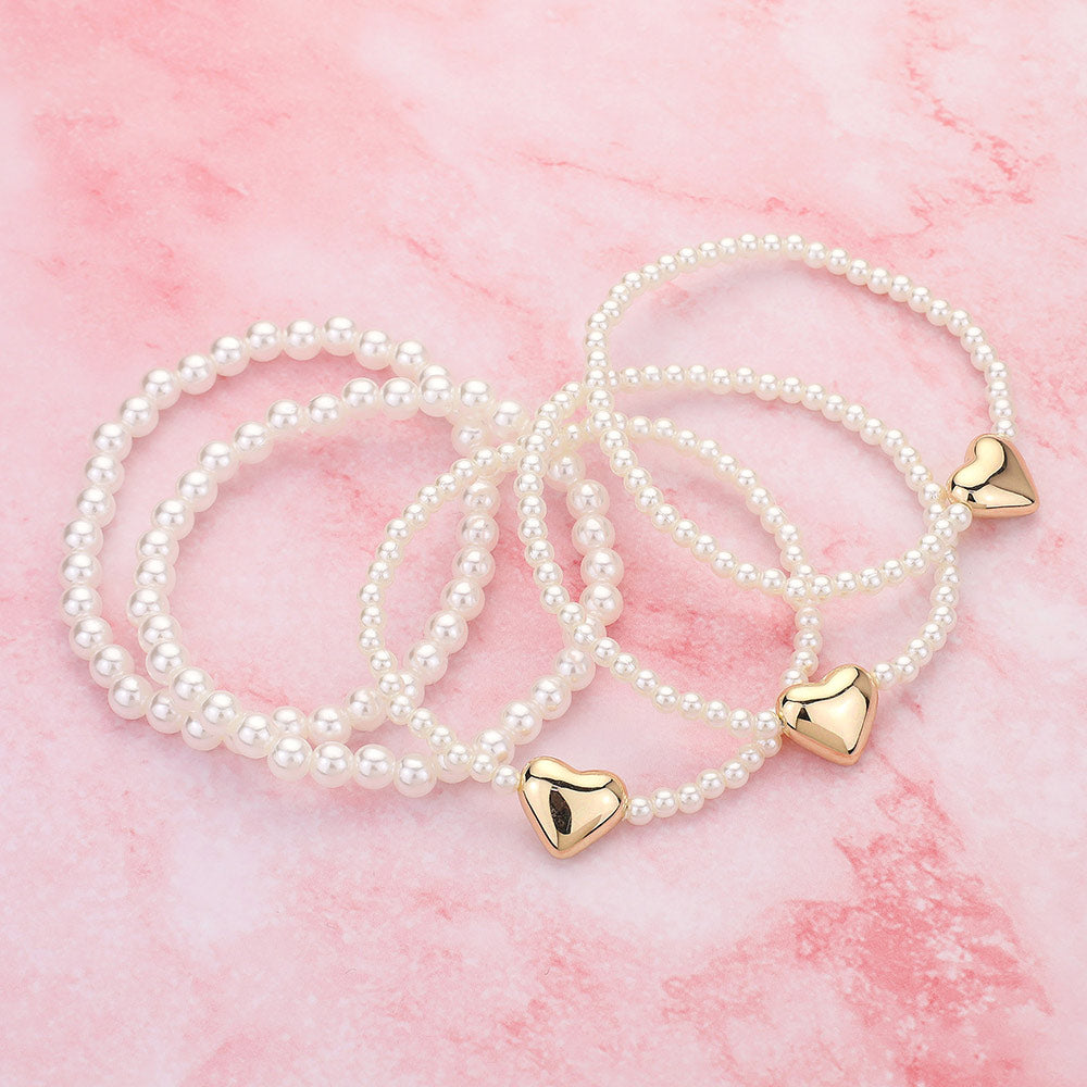 5PCS - Metal Heart Pearl Beaded Stretch Multi Layered Bracelets