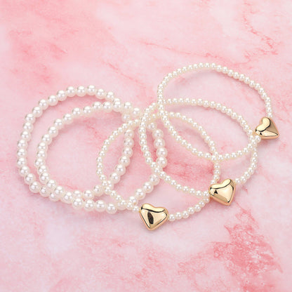 5PCS - Metal Heart Pearl Beaded Stretch Multi Layered Bracelets