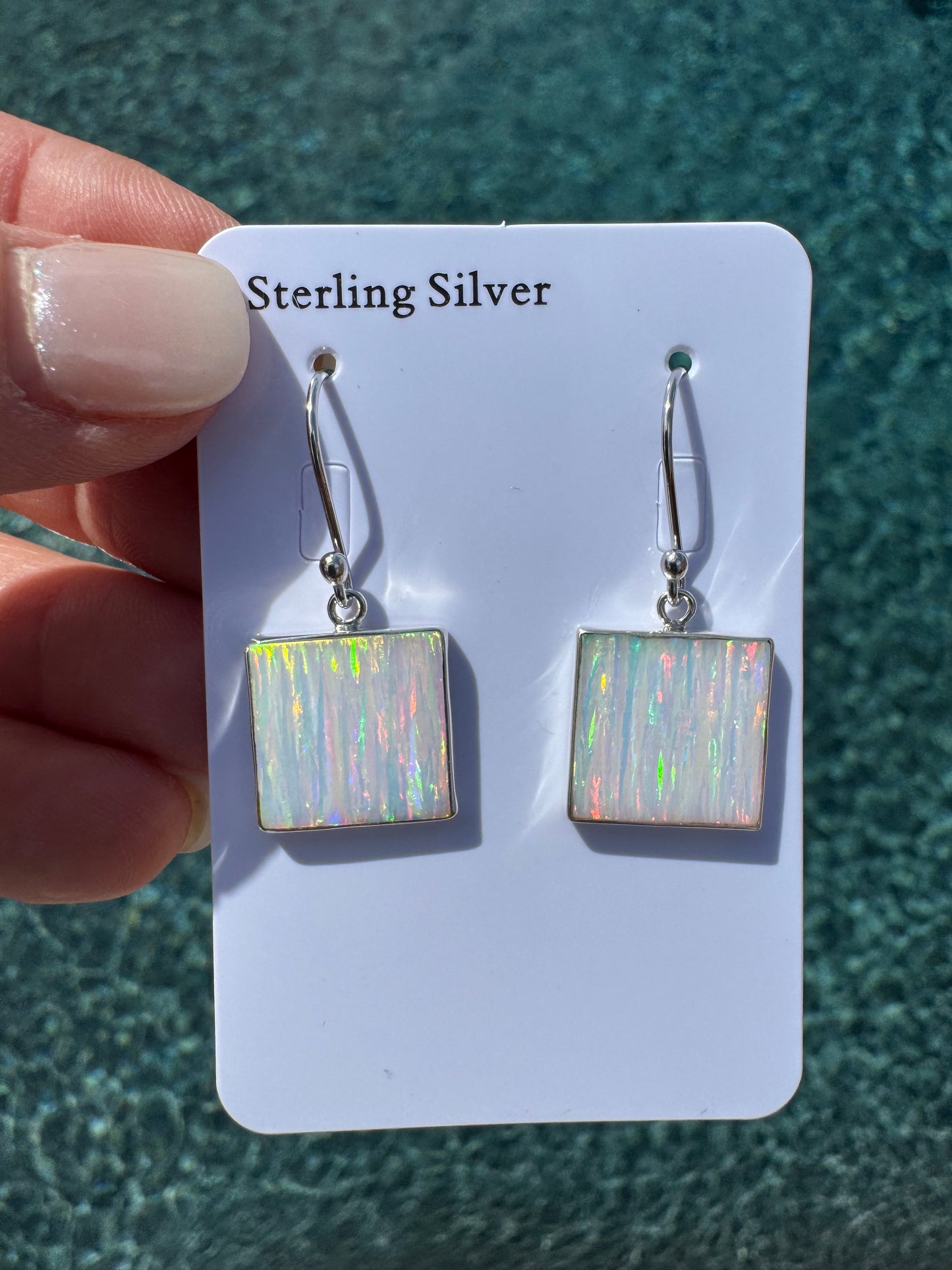 Square lab opal earrings