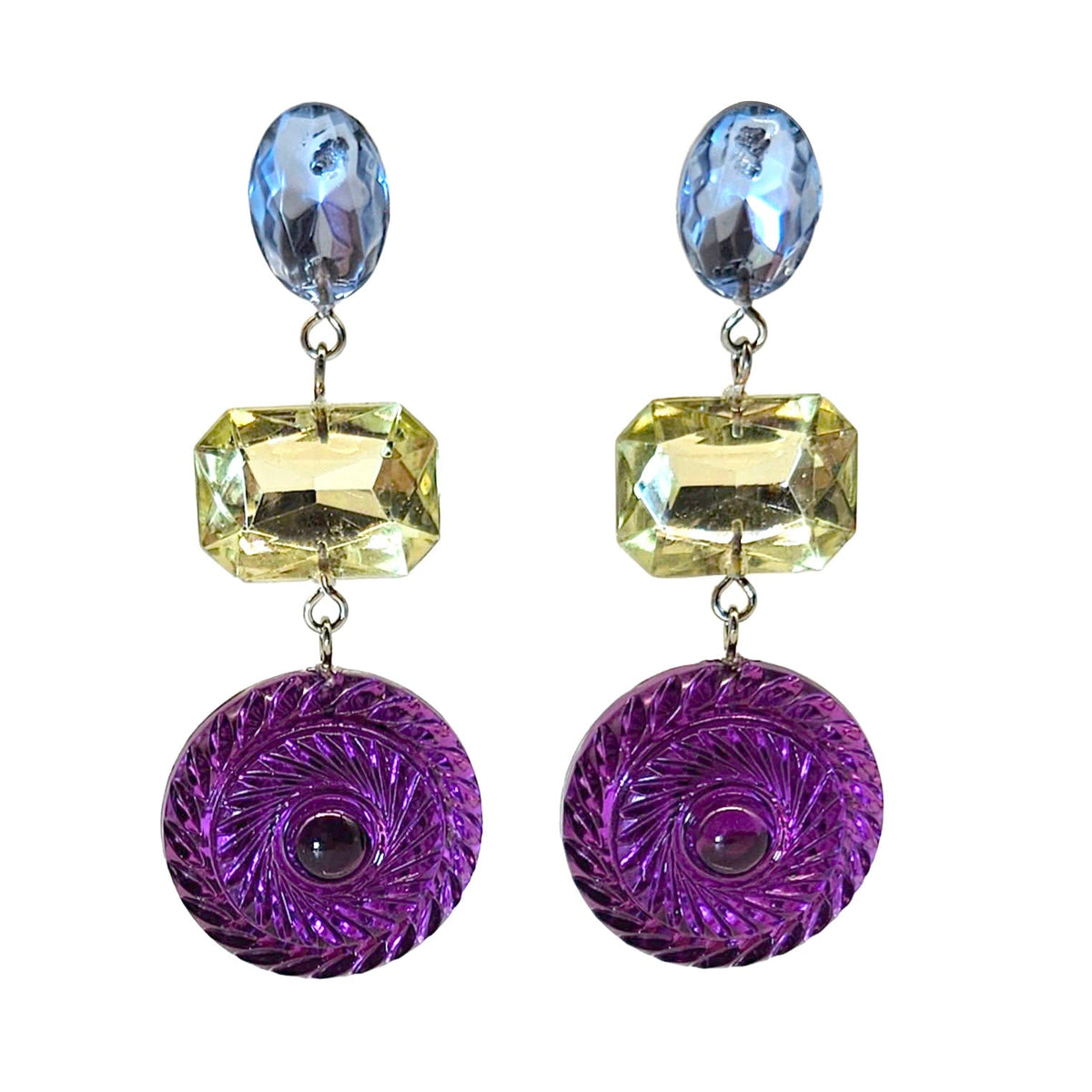 Earrings with purple circular beads, yellow square beads, and blue ovals beads on a white background
