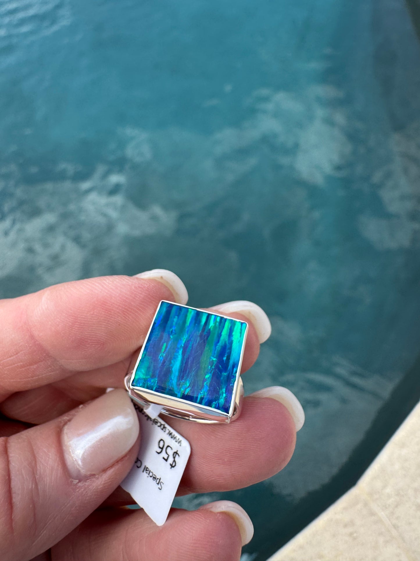 Sterling Silver square lab opal ring