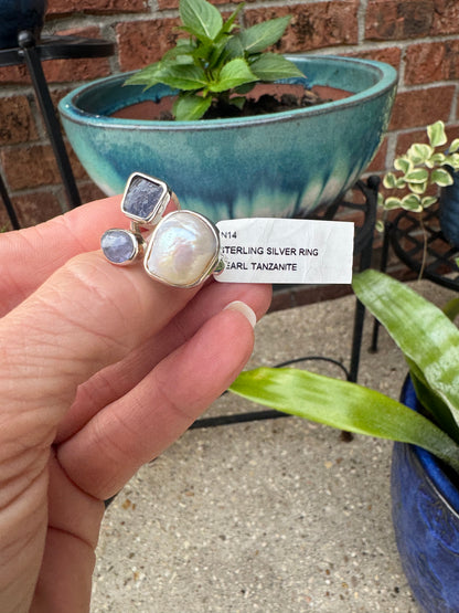 Pearl/stone/silver adjustable rings