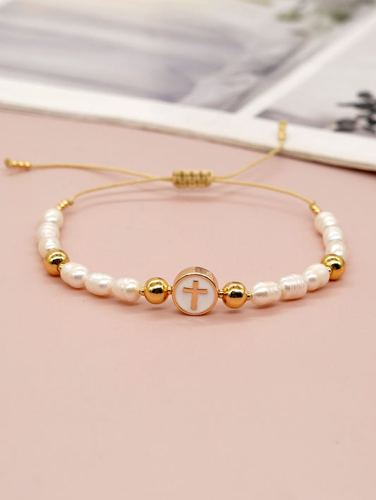 Pearl enamel cross bracelet adjustable