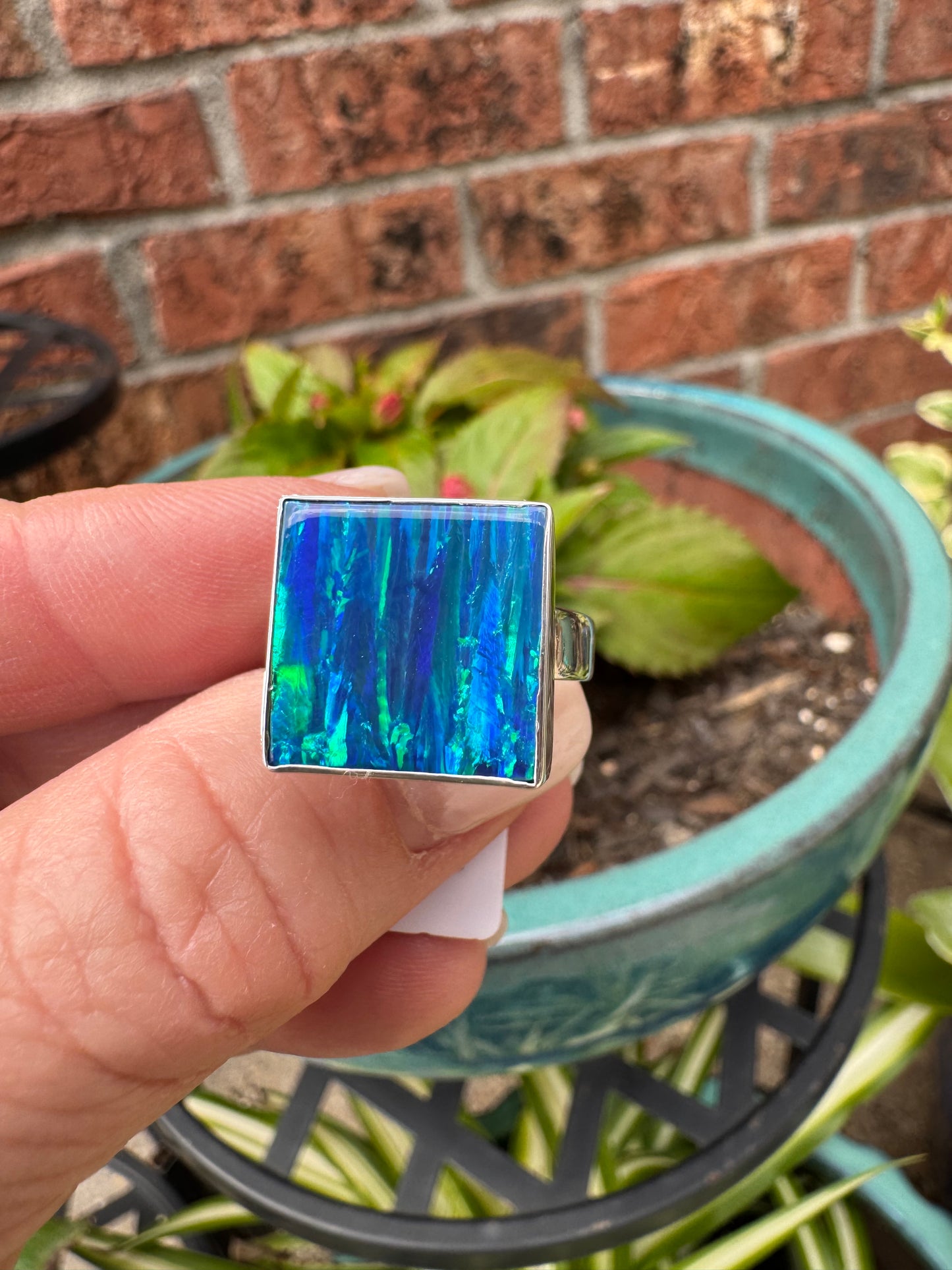 Sterling Silver square lab opal ring