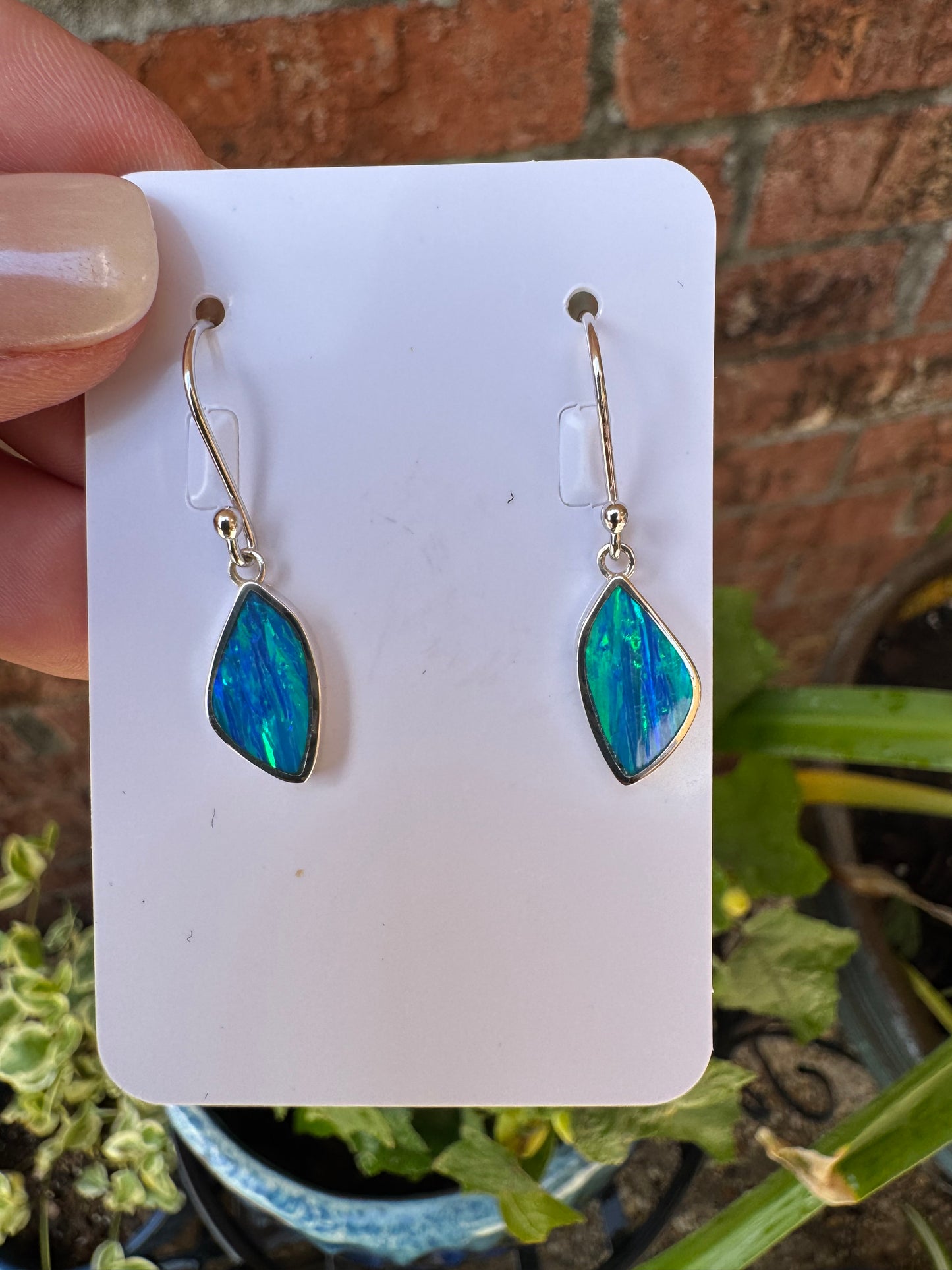 Asymmetrical lab opal earrings