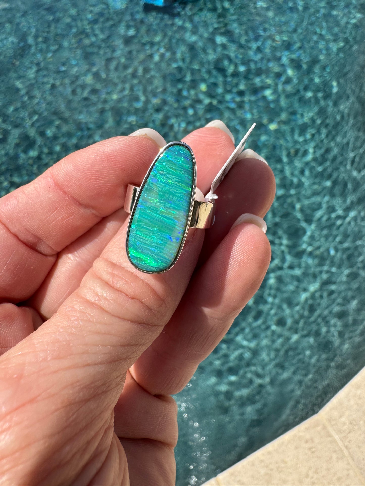 Sterling silver long oval lab opal ring