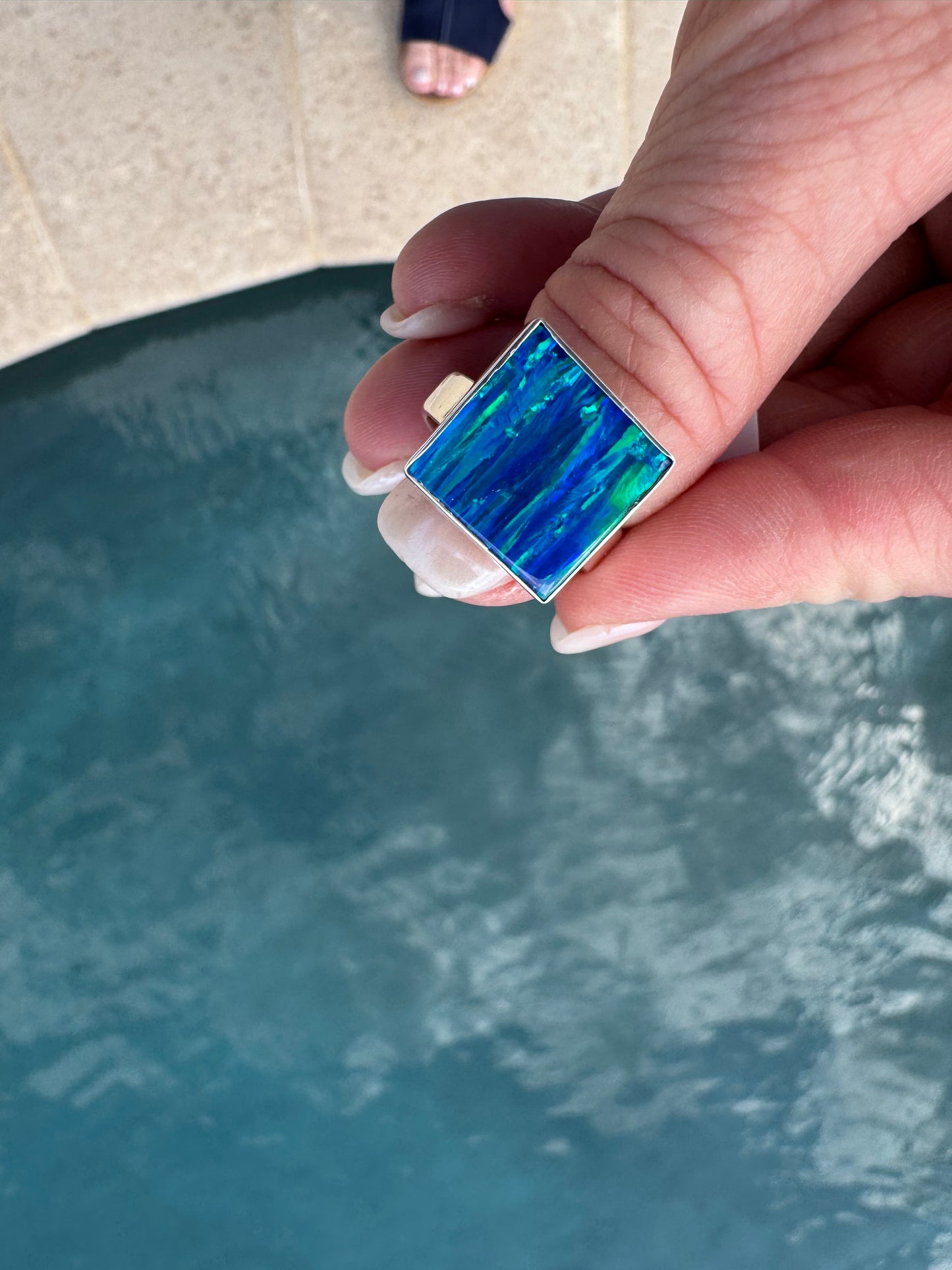 Sterling Silver square lab opal ring