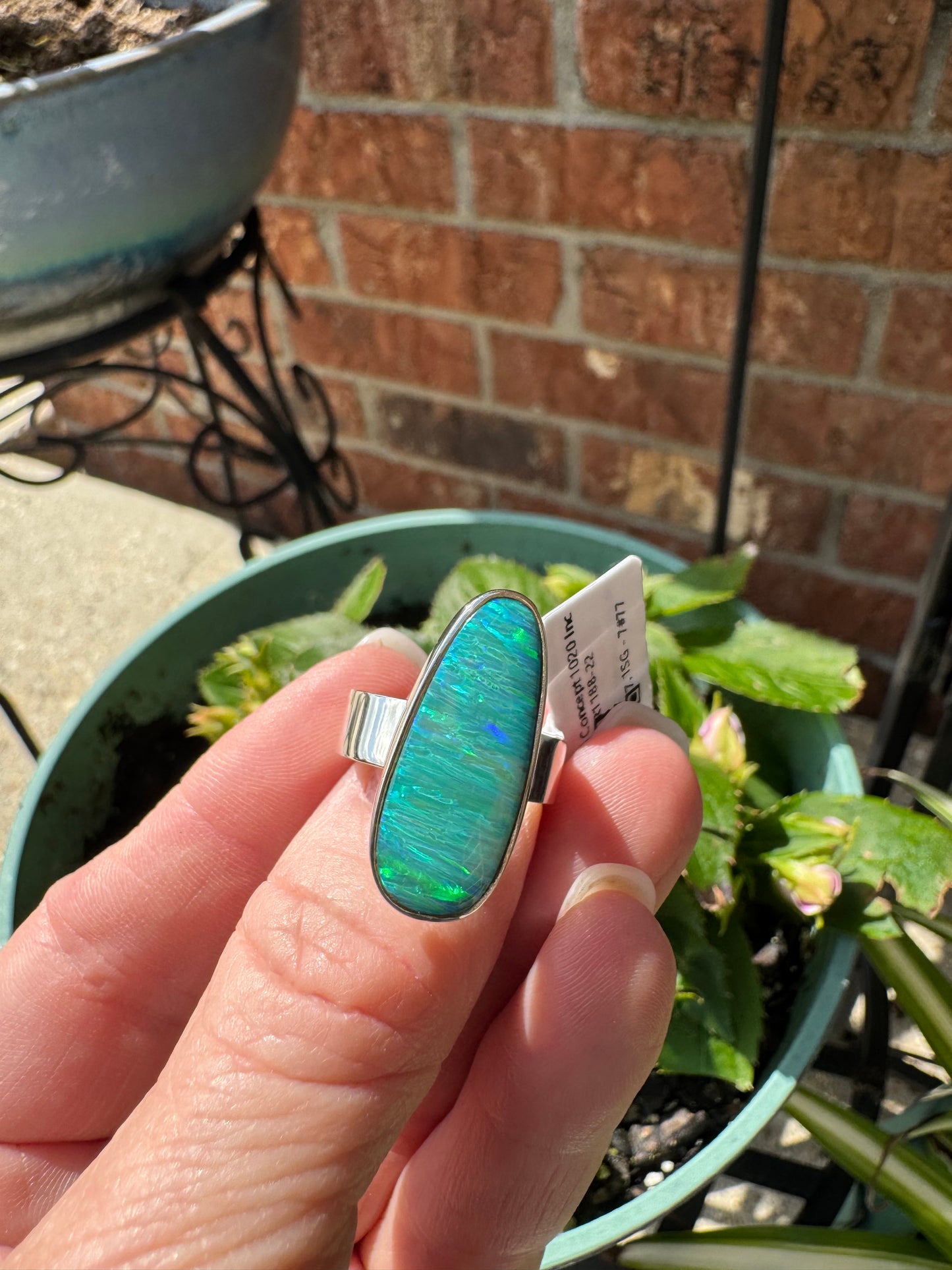 Sterling silver long oval lab opal ring