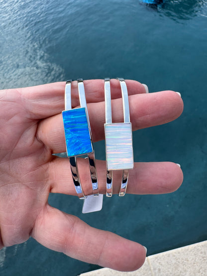 Sterling Silver rectangular lab opal cuff bracelet