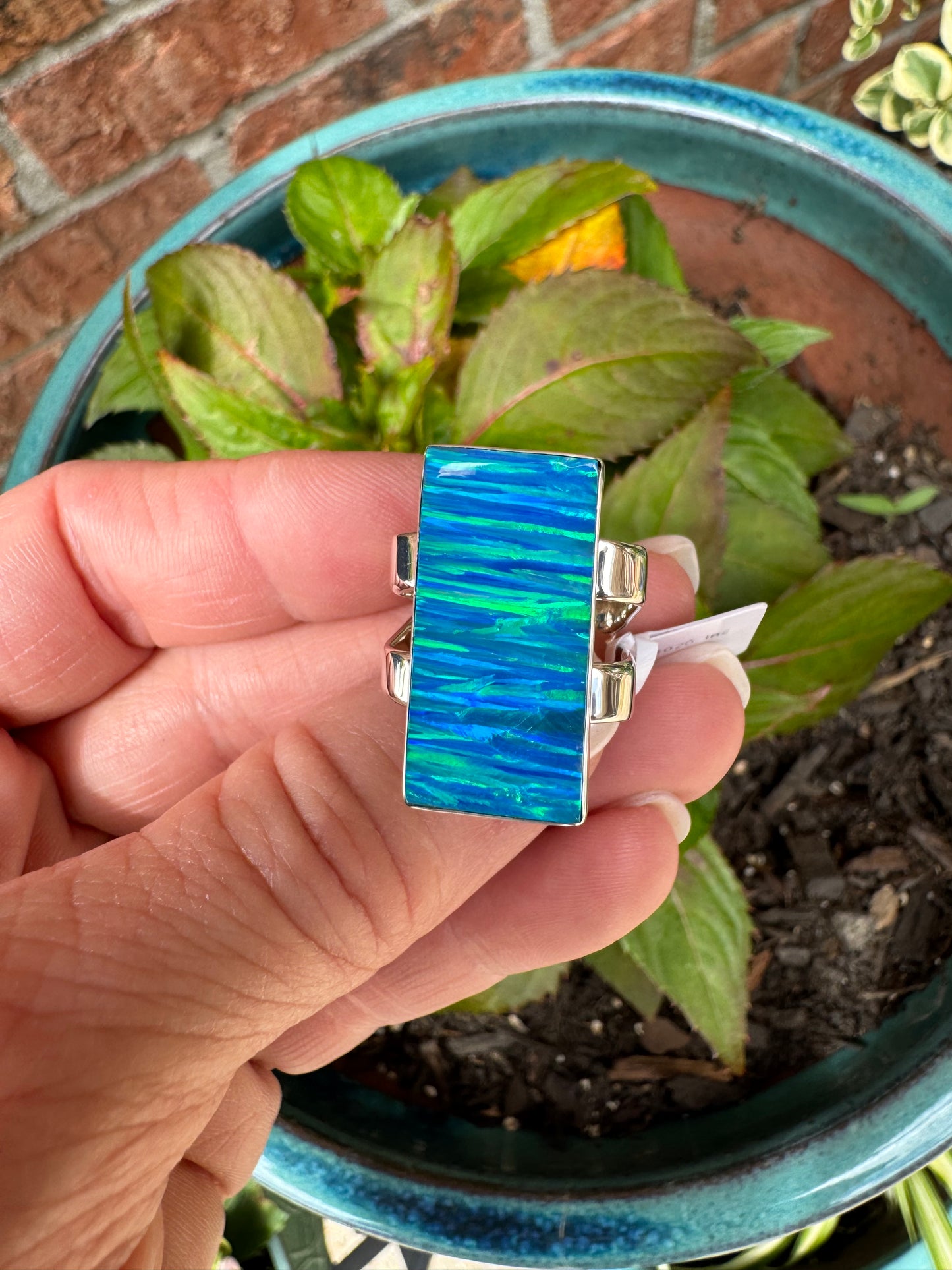 Sterling silver rectangular lab opal ring