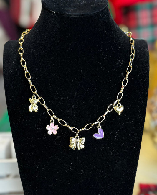 Five charm Purple Bow Necklace