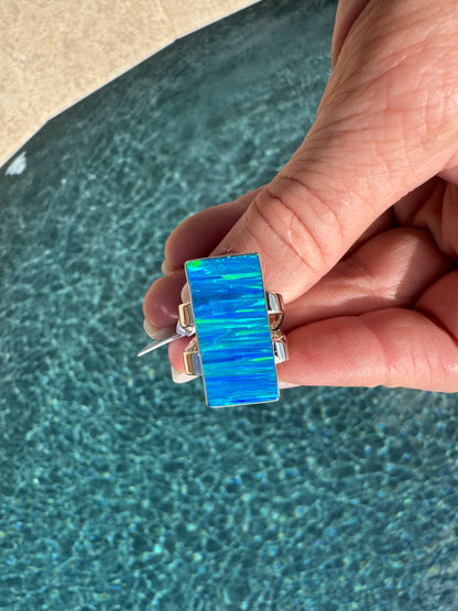 Sterling silver rectangular lab opal ring