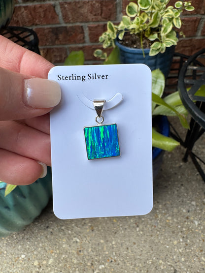 Square lab opal pendant necklace