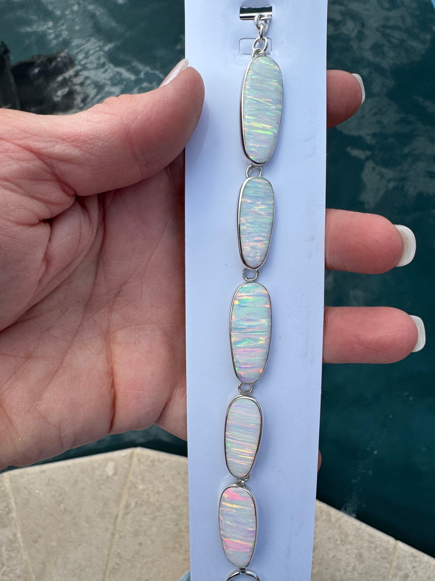 Sterling silver 5 oval stone lab opal bracelet