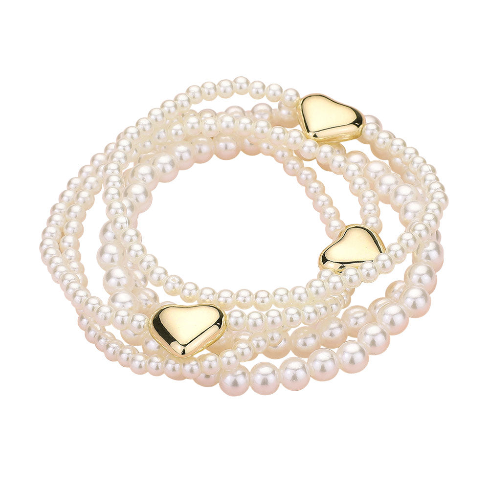 5PCS - Metal Heart Pearl Beaded Stretch Multi Layered Bracelets