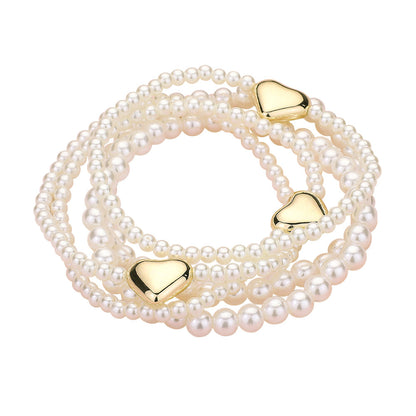 5PCS - Metal Heart Pearl Beaded Stretch Multi Layered Bracelets