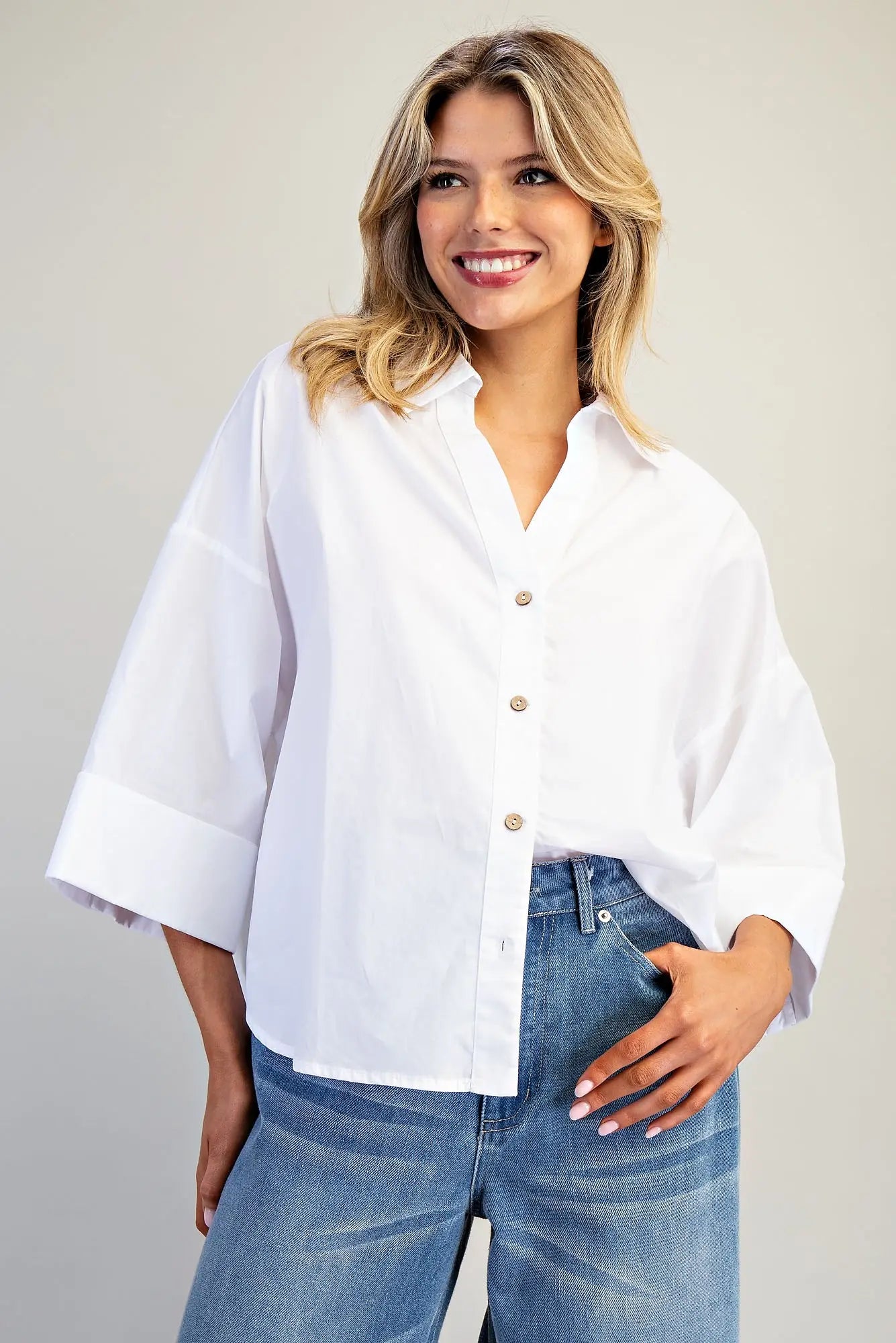 Back Pleat Button-Down Blouse Top